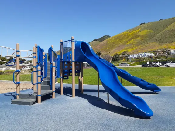 Imaginative playground with dinosaur eggs, huge green lawn, high hills in the distance, and path along the cliffs with views of the ocean and bird rocks!