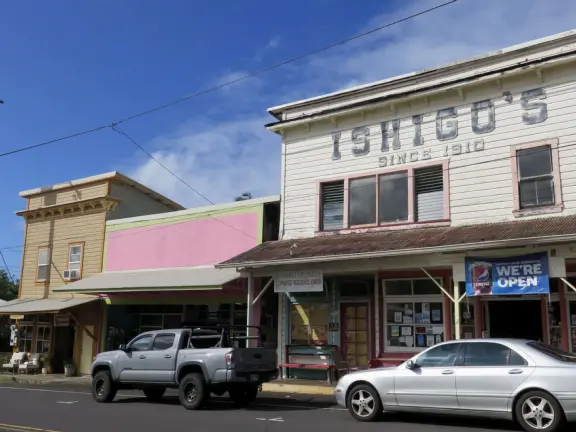 Two blocks of colorful storefronts surrounded by countryside, with a magical feel, on the way to Akaka Falls.