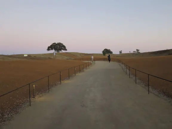 A wonderful exhibit on acres of undulating hills, with a field of lights resembling a flower field, and metal sculptures making patterns of light.