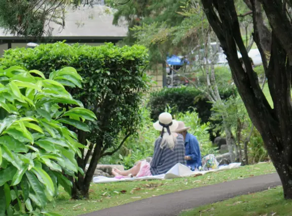 A gorgeous public garden under high mountain ridges, with dwellings representing the many cultures that are found in Maui: Portuguese, Chinese, Japanese, Filipino, Hawaiian, and New England.