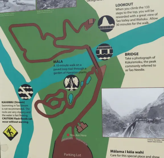 At Iao Valley State Park, the upper path takes you to views of Iao Needle, and the lower path takes you to a magical area by the stream with boulders and large tropical trees. Reservation required.