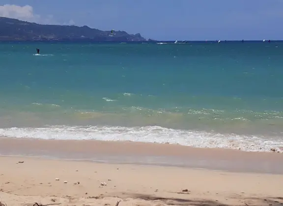 An incredibly beautiful beach with technicolor water, white sand strewn with coral, and colorful kite surfers zooming by, all framed by gorgeous mountains.