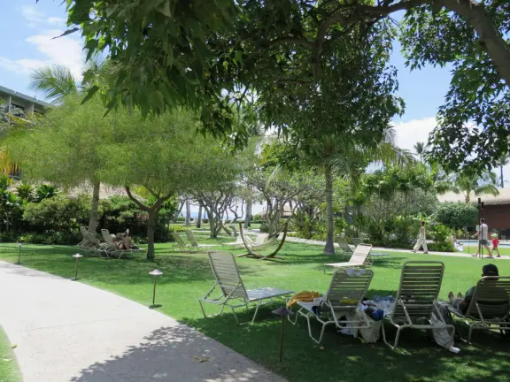 A long beach with clear water like gelatin, backed by older resorts with lovely grounds and a 2.7 mile beachfront path!