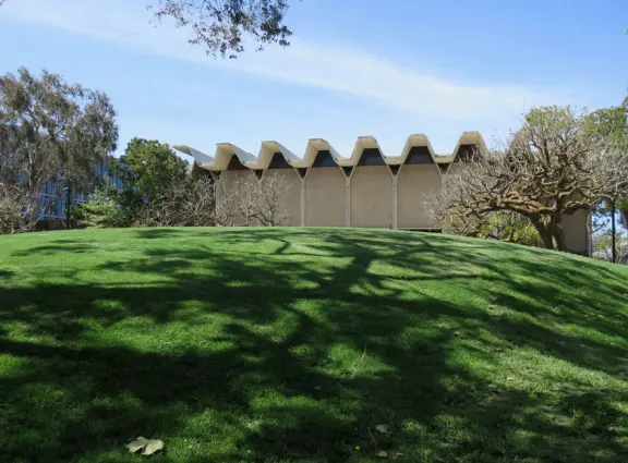 The huge UCSD campus, with stark architecture and minimal landscaping but some eucalyptus forest, near wonderful La Jolla town.