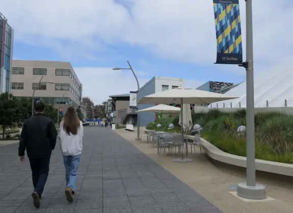 The huge UCSD campus, with stark architecture and minimal landscaping but some eucalyptus forest, near wonderful La Jolla town.