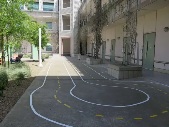 The huge UCSD campus, with stark architecture and minimal landscaping but some eucalyptus forest, near wonderful La Jolla town.