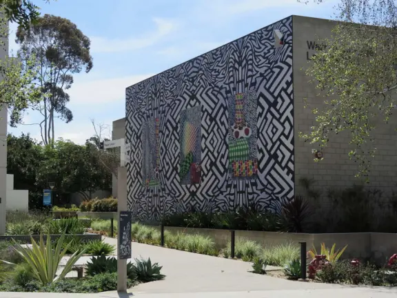 The huge UCSD campus, with stark architecture and minimal landscaping but some eucalyptus forest, near wonderful La Jolla town.
