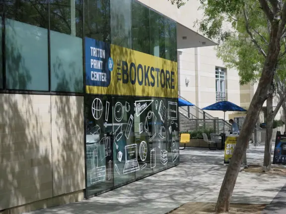 The huge UCSD campus, with stark architecture and minimal landscaping but some eucalyptus forest, near wonderful La Jolla town.