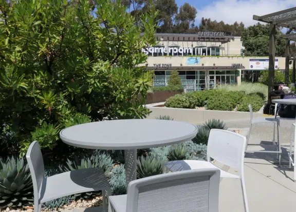 The huge UCSD campus, with stark architecture and minimal landscaping but some eucalyptus forest, near wonderful La Jolla town.