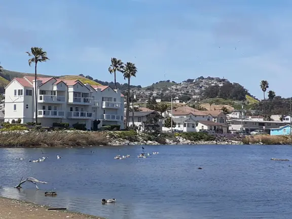 A glorious beach in Grover Beach town, with sand dunes and a wooden boardwalk, plus an octagon-shaped wooden pier in the sand.