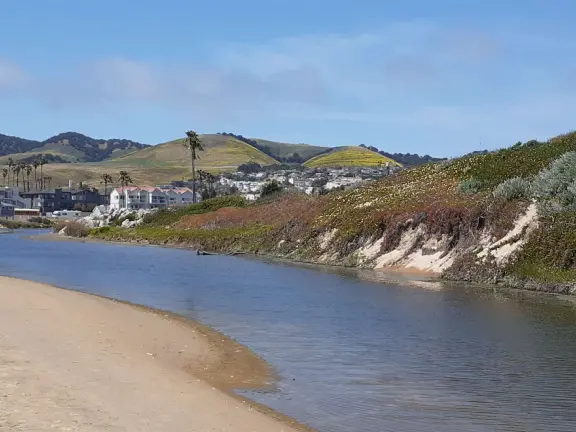 Gorgeous spot with wide pier, surfers carving the waves, whale playground, wide open attractive plaza, Pismo Beach selfie sign, and wooden promenade with views of the hills and sea.