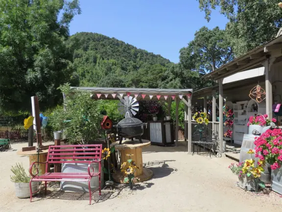 Pristine farm by a hill covered in bright foliage, with oil and vinegar tasting, honey tasting, u-pick, farm store, and adorable kids area with goats, chickens, rabbits, and colorful play areas.