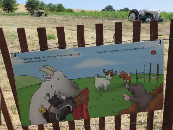 Pristine farm by a hill covered in bright foliage, with oil and vinegar tasting, honey tasting, u-pick, farm store, and adorable kids area with goats, chickens, rabbits, and colorful play areas.
