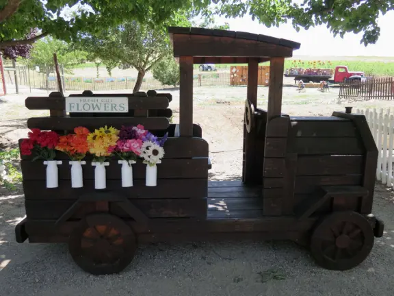 Pristine farm by a hill covered in bright foliage, with oil and vinegar tasting, honey tasting, u-pick, farm store, and adorable kids area with goats, chickens, rabbits, and colorful play areas.