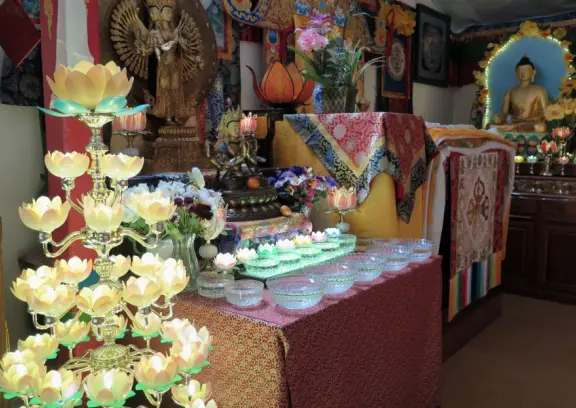 The public can come and walk the trail, turn the three prayer wheels, see the red temple and meditation hall, ring the chimes and gongs, and admire the sculptures.