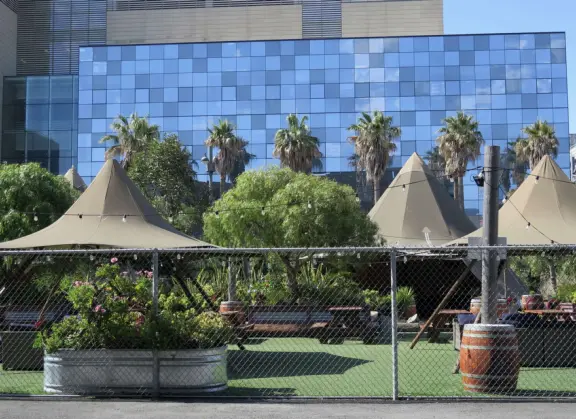 Indonesian-style huts at Spark Social SF food trucks. 