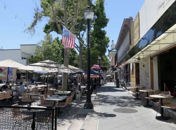 Pedestrian-only area with cafes, flowers baskets, and street musicians.