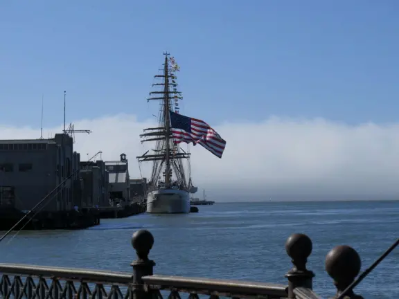 Wide, 3-mile-long walkway on the waterfront with blue lampposts, canary palms, lawns, modern sculptures, and views of the Bay Bridge. Find ferries, restaurants, touristy shops, and museums.