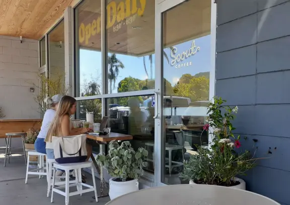 Scout Coffee, a friendly, bustling place, and Lassens Natural Foods Market, plus many other food places nearby.