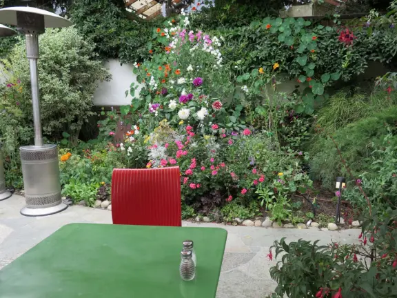 Seating by the flowers in the garden at Robin's. 