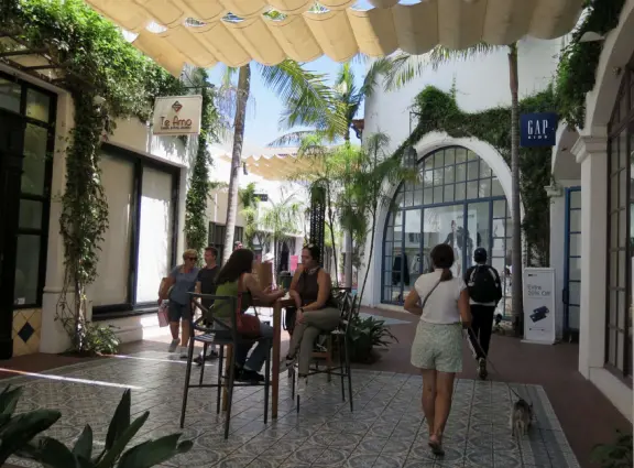 A pedestrian-only area on State Street with sidewalk cafes, good shopping, and colorful Spanish architecture.