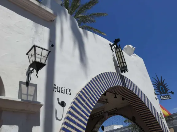 Street with beautiful historic arcades, cafes, and Spanish architecture.