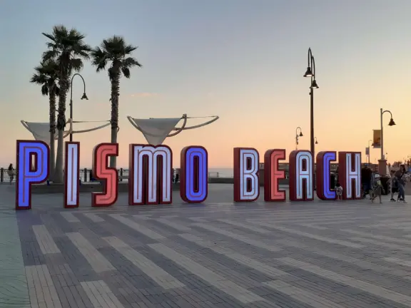 The Pismo Beach selfie sign is fun at night. 