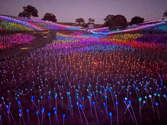 A wonderful exhibit on acres of undulating hills, with a field of lights resembling a flower field, and metal sculptures making patterns of light.