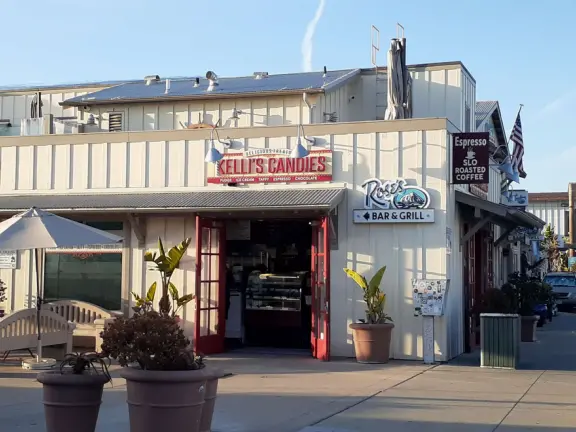 Lovely walkway on the water in front of the cafes in Morro Bay! Mosaic sculptures play area for kids.