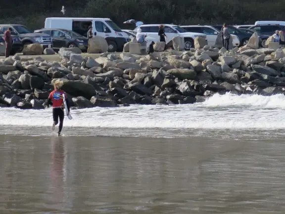 A surfer runs into the water. 