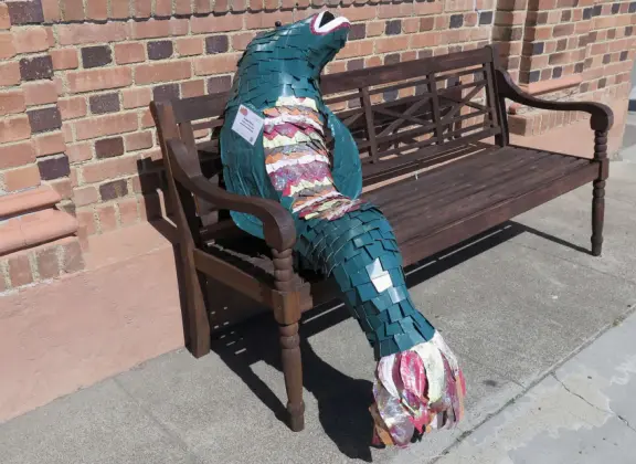 Fish scarecrow outside Linn's Restaurant on Main Street. 