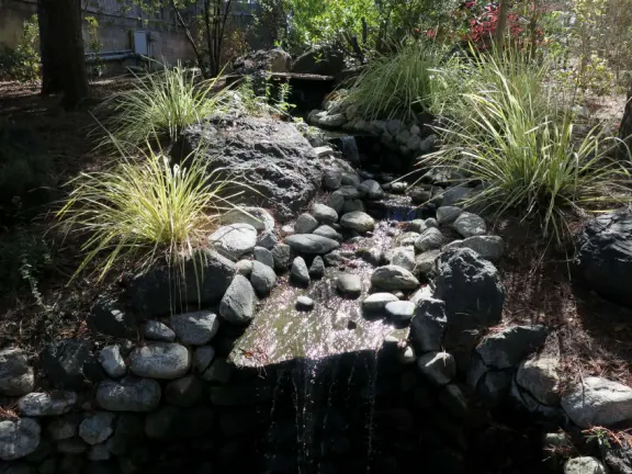 Garden in a sunny, sheltered spot, with cottage with turret under redwood trees, Buddhist gazebo, goats, and flowers galore! Seasonal pumpkins and Christmas market!