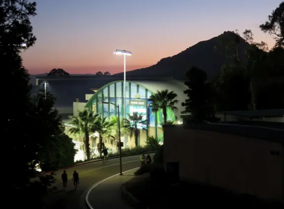 Hilly, sunny campus with tall, impressive trees and green lawns. A hands-on learning university.