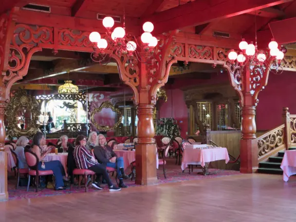 Walk the secret garden, plus admire the ranunculus flowers at the Madonna Inn entrance door in springtime, or swing, line, and ballroom dance on the fancy dance floor to live music most nights!