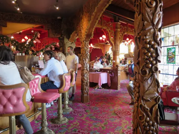 Walk the secret garden, plus admire the ranunculus flowers at the Madonna Inn entrance door in springtime, or swing, line, and ballroom dance on the fancy dance floor to live music most nights!