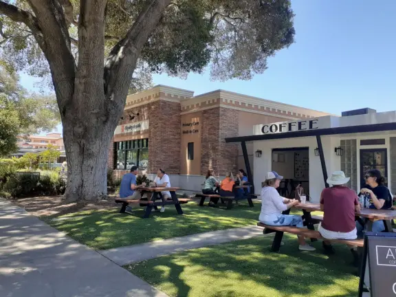Sunny town with a cute main street, and City Hall with beautiful Sunken Garden with sculptures, tall old trees including magnolia trees, and fountains.
