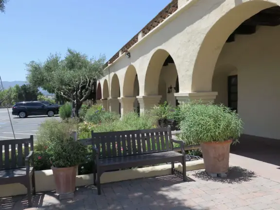 Yellow mission in lovely countryside.