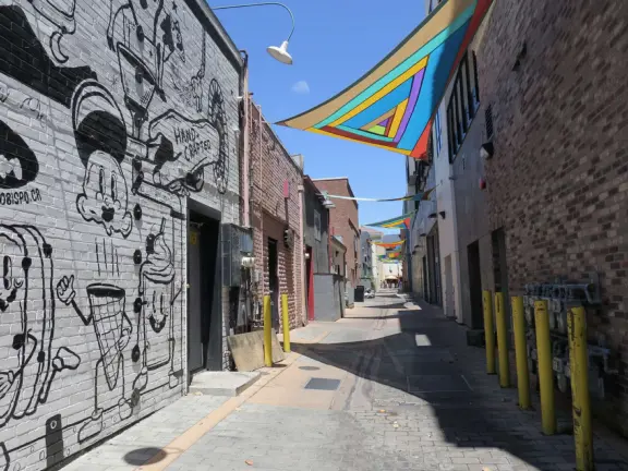 A main street of late 19th century storefronts, popular cafes, and a hip college scene. Recently, suffering an epidemic of homelessness relating to mental health problems.