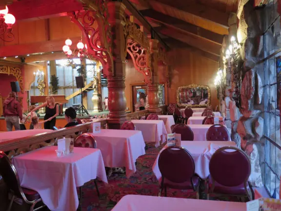 Walk the secret garden, plus admire the ranunculus flowers at the Madonna Inn entrance door in springtime, or swing, line, and ballroom dance on the fancy dance floor to live music most nights!