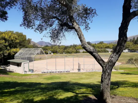 Walking paths, plus pretty park with picnic spot on hill under trees, popular pickleball courts, playground, mountain views, field for dogs, tennis courts, and basketball court.