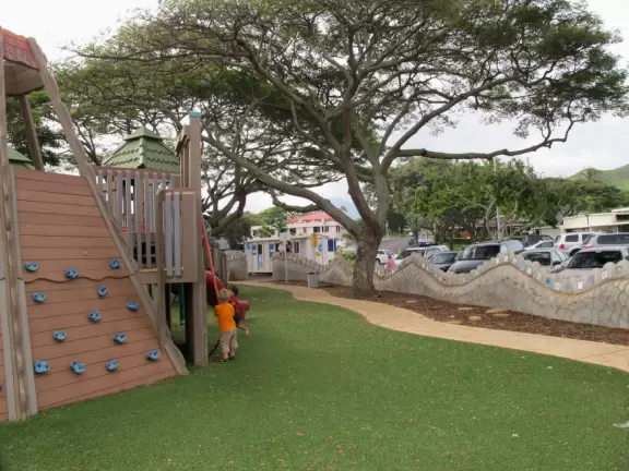 Imaginative, wooden playground- a very rare thing on Oahu.