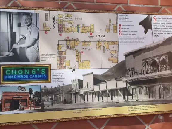 Spanish mission from late 18th century, in downtown San Luis Obispo, with giant roses in the garden behind and a lively plaza in front.