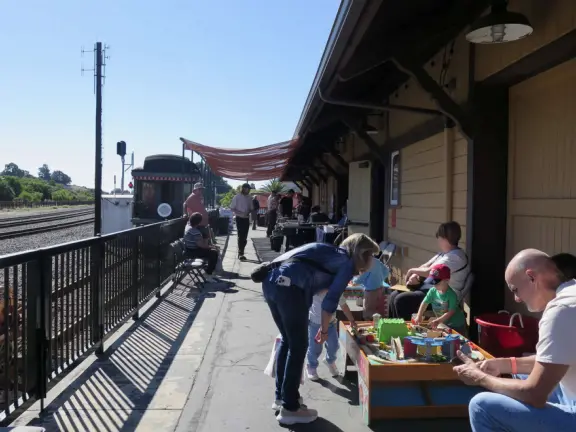 A boy plays with a train set at the Central Coast Railroad Festival. 