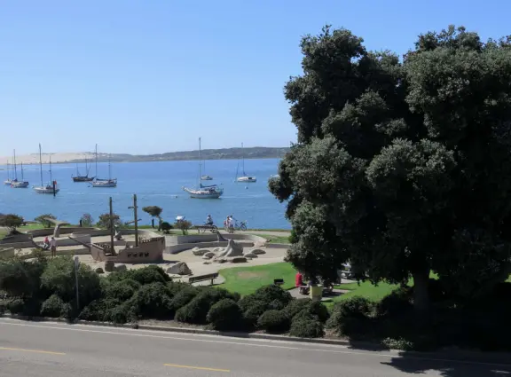 Views from above the estuary, of the sailboats and blue blue water.