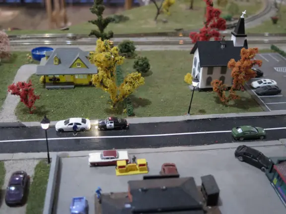 Cute yellow building, a historic train depot, only open 2 hours a week and during model railroad days in April and October.