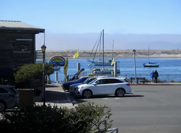 Lovely walkway on the water in front of the cafes in Morro Bay! Mosaic sculptures play area for kids.