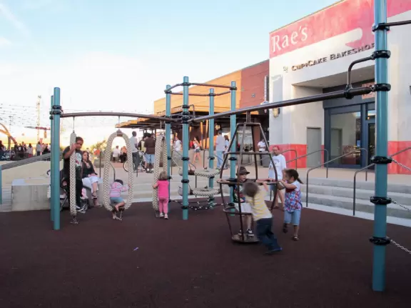 The groovy downtown main strip of Lancaster, with a few good cafes, a coffee shop, bakery, and cool space-age playground right next to an outdoor concert stage.