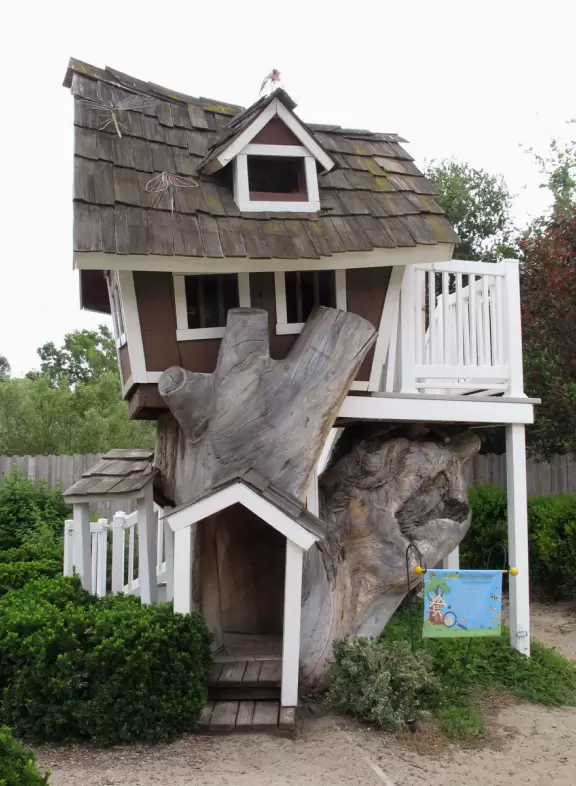 Botanical garden on top of a hill with views all around, cactus garden, colorful wildflowers, and imaginative kid's garden.