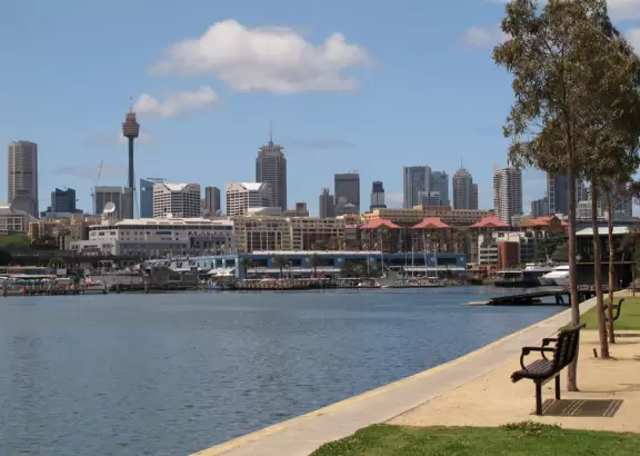 Gorgeous views of the city skyline and Anzac Bridge from a cement walking path alongside the water.