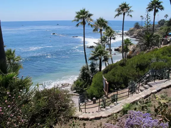 One of the most beautiful spots in California- look way down below through lush palms at the incredible blue-green water.